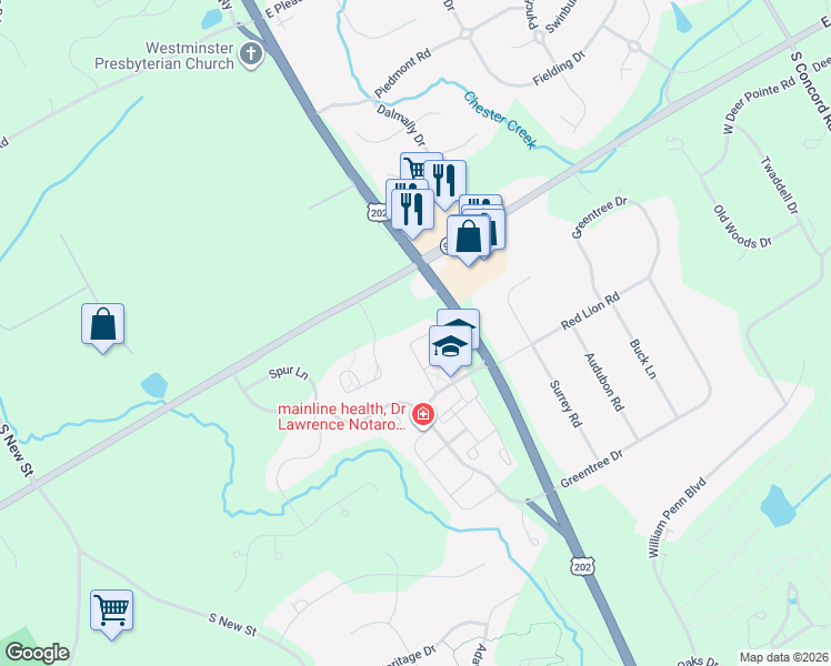 map of restaurants, bars, coffee shops, grocery stores, and more near 145 Lydia Lane in West Chester