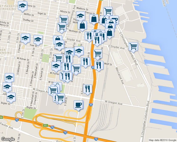 map of restaurants, bars, coffee shops, grocery stores, and more near 2402 South Lee Street in Philadelphia