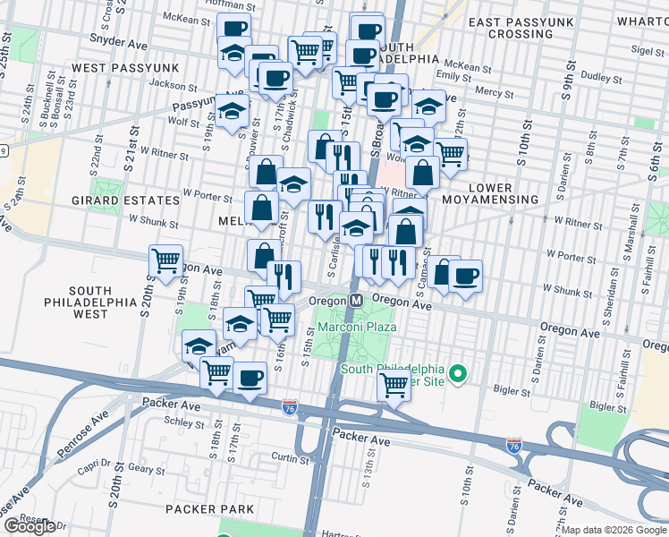map of restaurants, bars, coffee shops, grocery stores, and more near 2612 South Carlisle Street in Philadelphia