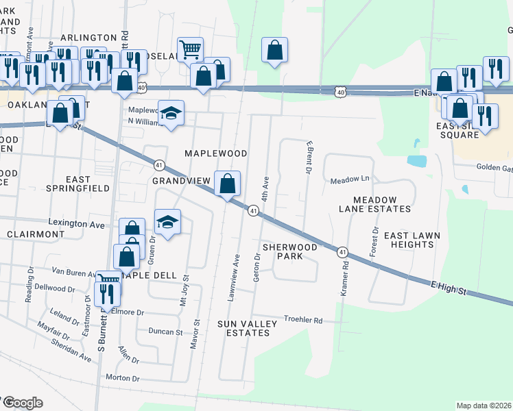 map of restaurants, bars, coffee shops, grocery stores, and more near 3000 East High Street in Springfield