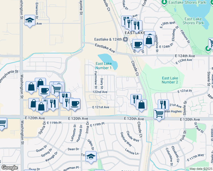map of restaurants, bars, coffee shops, grocery stores, and more near 12265 Race Street in Northglenn