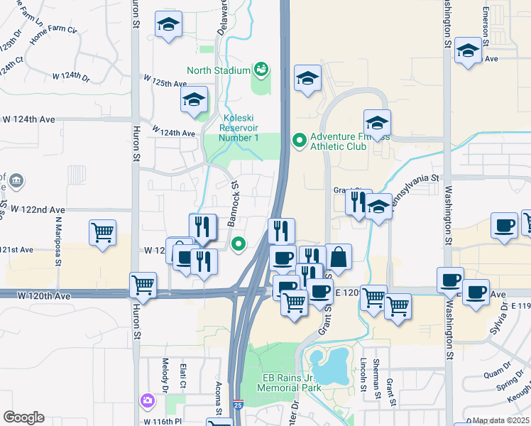 map of restaurants, bars, coffee shops, grocery stores, and more near 12272 Bannock Circle in Denver