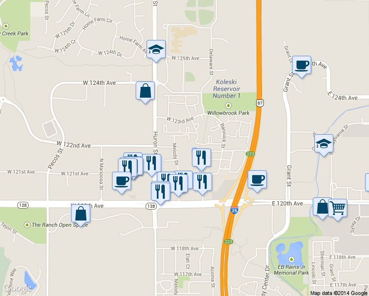 map of restaurants, bars, coffee shops, grocery stores, and more near 12180 Melody Drive in Westminster