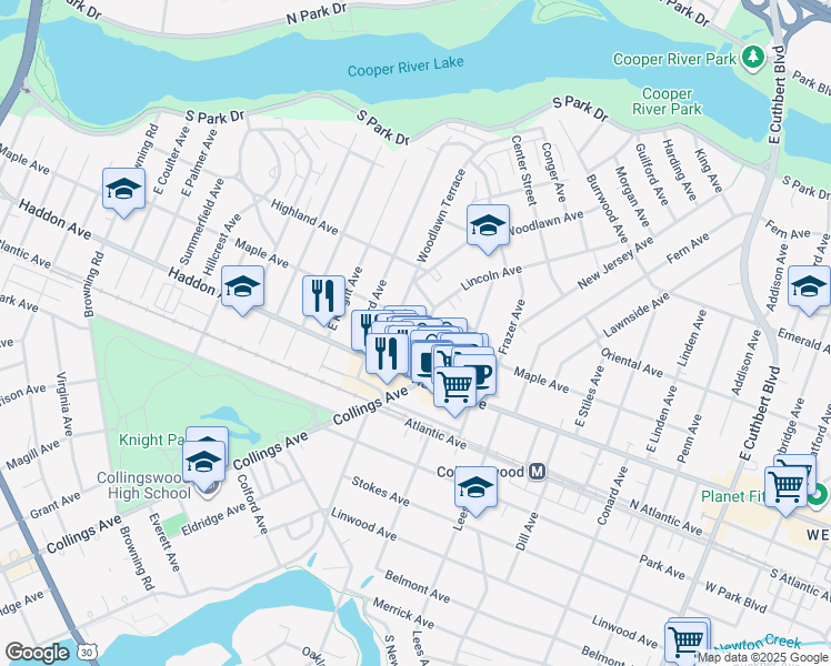 map of restaurants, bars, coffee shops, grocery stores, and more near 107 Lincoln Avenue in Collingswood