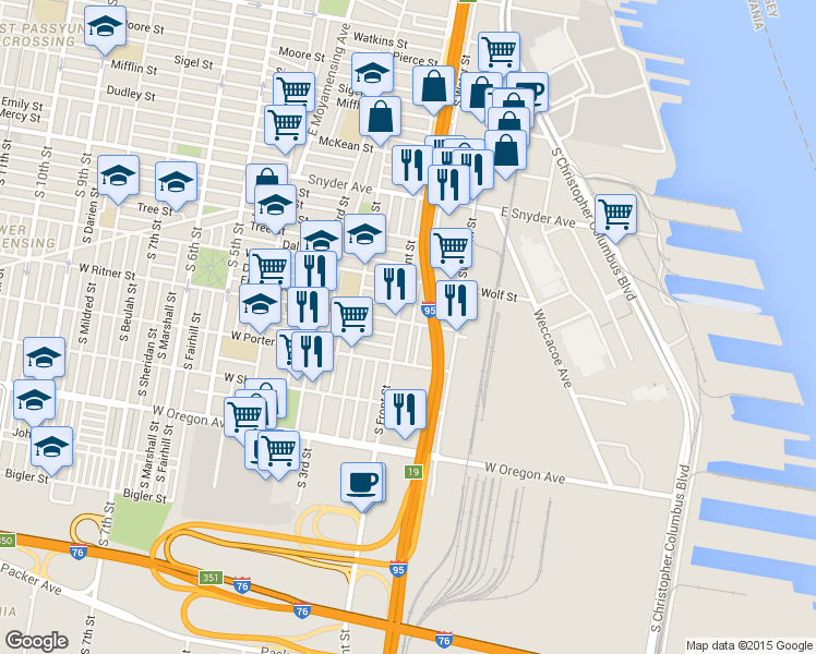 map of restaurants, bars, coffee shops, grocery stores, and more near 2402 South Lee Street in Philadelphia