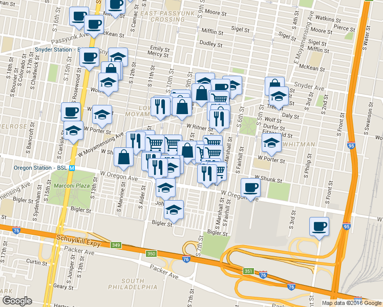 map of restaurants, bars, coffee shops, grocery stores, and more near 2508 South Darien Street in Philadelphia