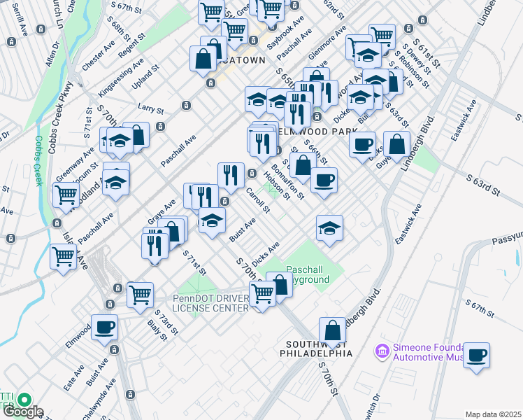 map of restaurants, bars, coffee shops, grocery stores, and more near 2548 Carroll Street in Philadelphia