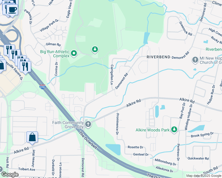 map of restaurants, bars, coffee shops, grocery stores, and more near 1739 Carrigallen Lane in Columbus