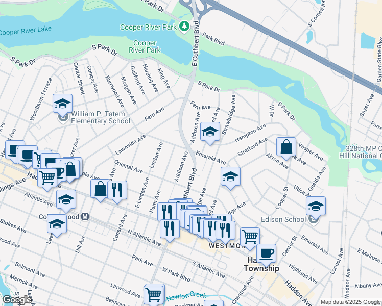 map of restaurants, bars, coffee shops, grocery stores, and more near East Cuthbert Boulevard & Emerald Avenue in Haddon township