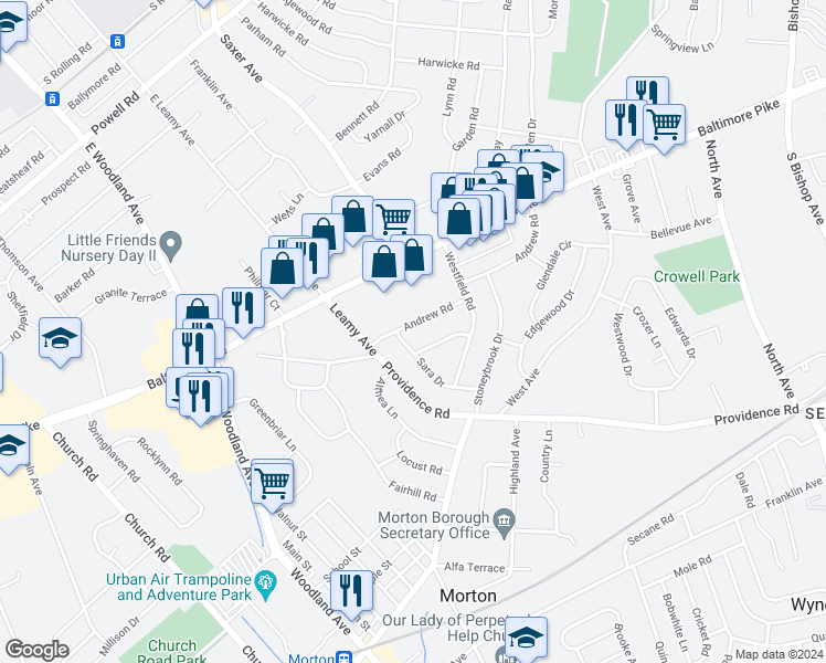 map of restaurants, bars, coffee shops, grocery stores, and more near 653 Andrew Road in Springfield