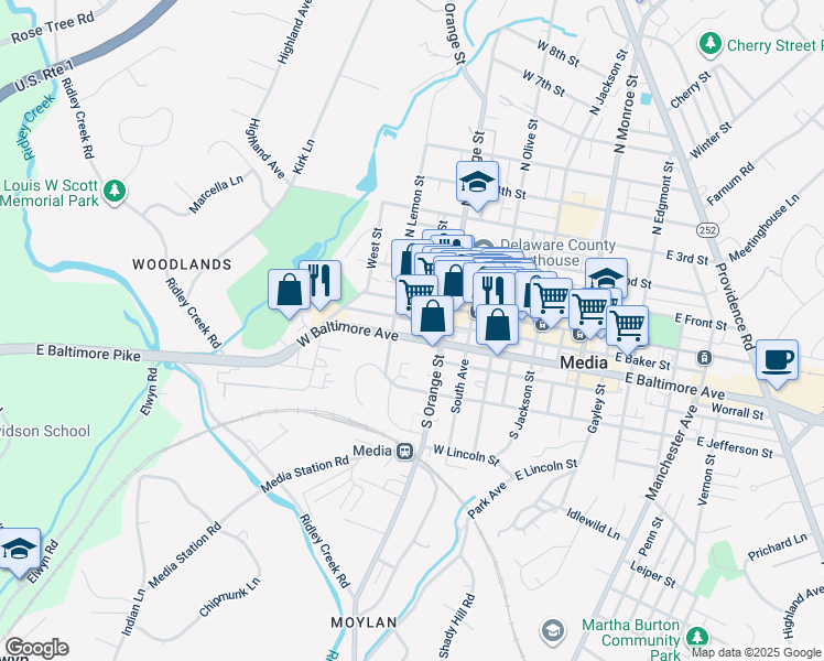 map of restaurants, bars, coffee shops, grocery stores, and more near 333 West Baltimore Avenue in Media