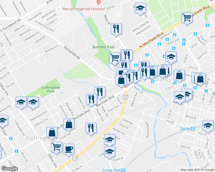map of restaurants, bars, coffee shops, grocery stores, and more near 25 East Lynbrook Road in Collingdale