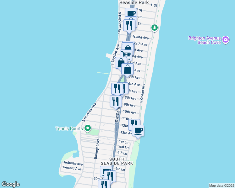 map of restaurants, bars, coffee shops, grocery stores, and more near 119 7th Avenue in Seaside Park