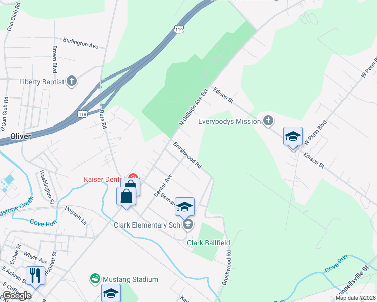 map of restaurants, bars, coffee shops, grocery stores, and more near 105 Brushwood Road in Uniontown