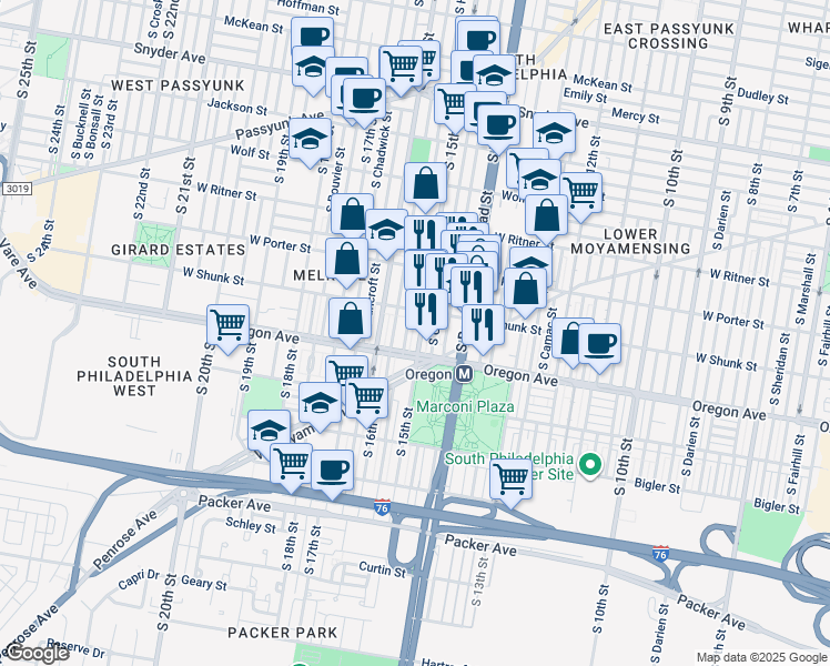 map of restaurants, bars, coffee shops, grocery stores, and more near 2626 S 15th St in Philadelphia