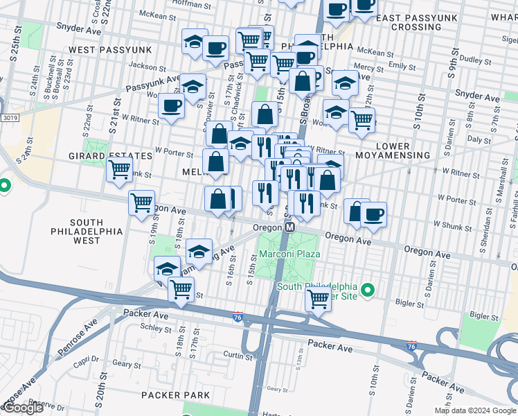 map of restaurants, bars, coffee shops, grocery stores, and more near 2626 South 15th Street in Philadelphia