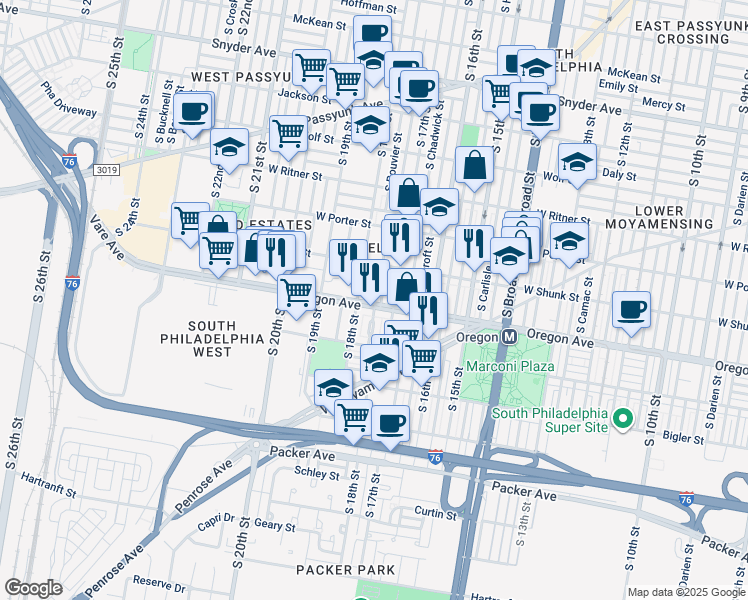 map of restaurants, bars, coffee shops, grocery stores, and more near 2655 S Bouvier St in Philadelphia