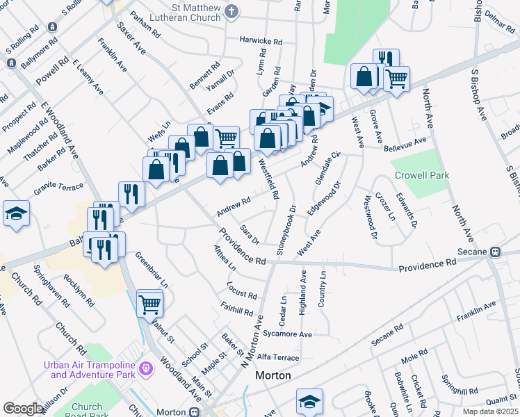 map of restaurants, bars, coffee shops, grocery stores, and more near 616 Laurel Road in Springfield
