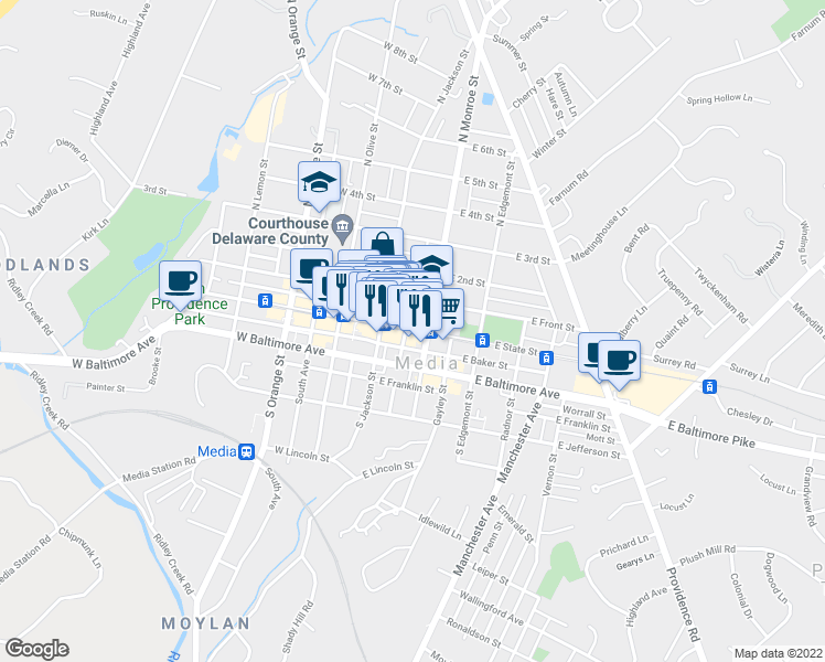 map of restaurants, bars, coffee shops, grocery stores, and more near 803 Hoopes Lane in Media