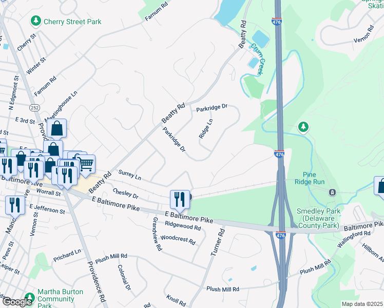 map of restaurants, bars, coffee shops, grocery stores, and more near 818 Parkridge Drive in Media