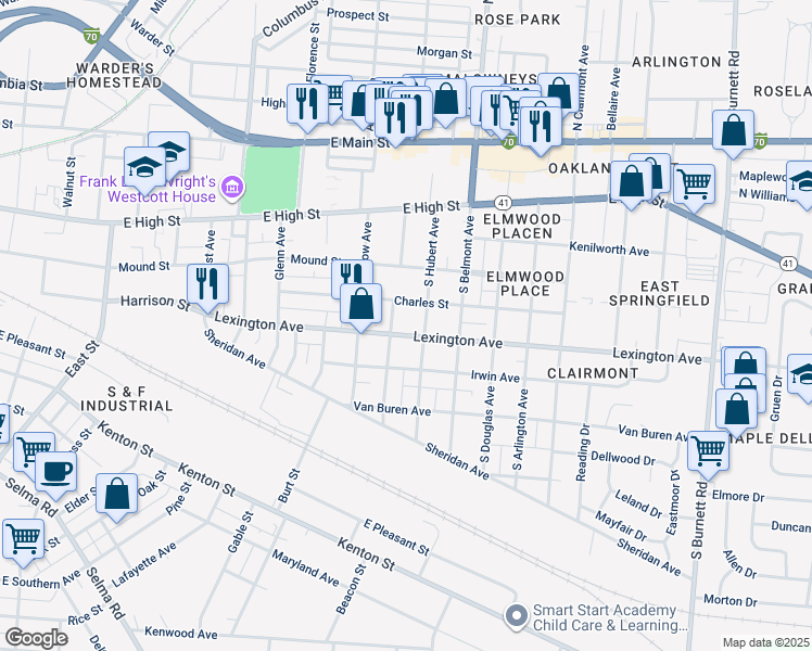 map of restaurants, bars, coffee shops, grocery stores, and more near 360 Linwood Avenue in Springfield