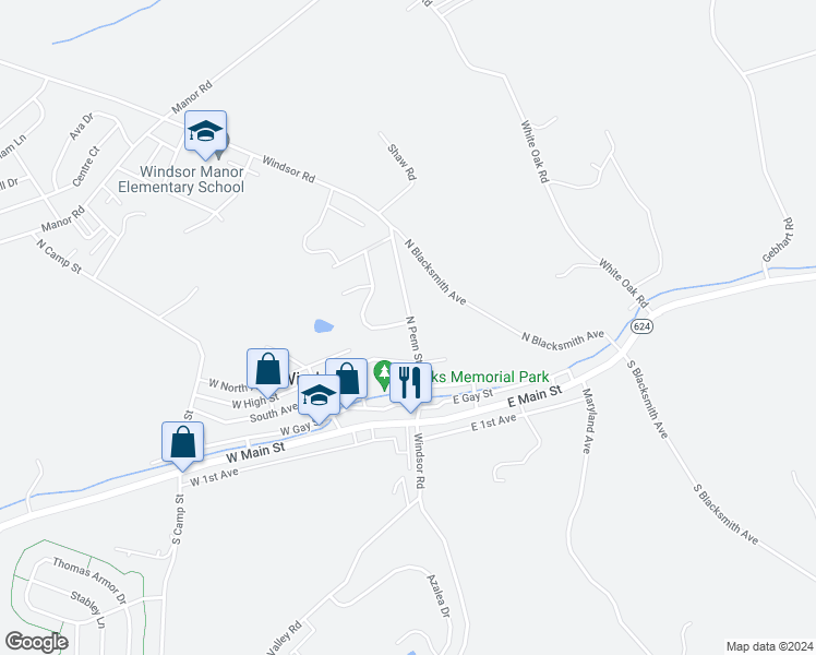 map of restaurants, bars, coffee shops, grocery stores, and more near 52A North Penn Street in Windsor