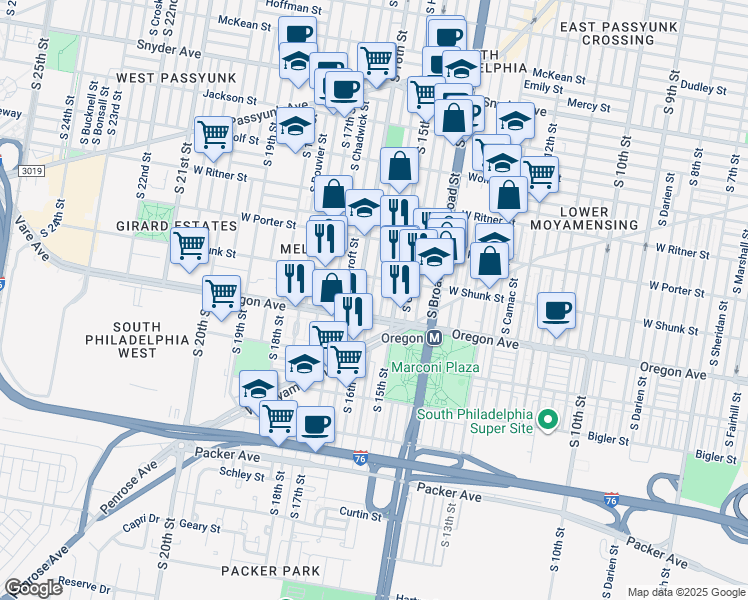 map of restaurants, bars, coffee shops, grocery stores, and more near 2633 South Mole Street in Philadelphia