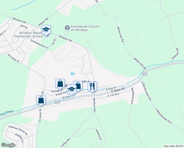 map of restaurants, bars, coffee shops, grocery stores, and more near 52 North Penn Street in Windsor