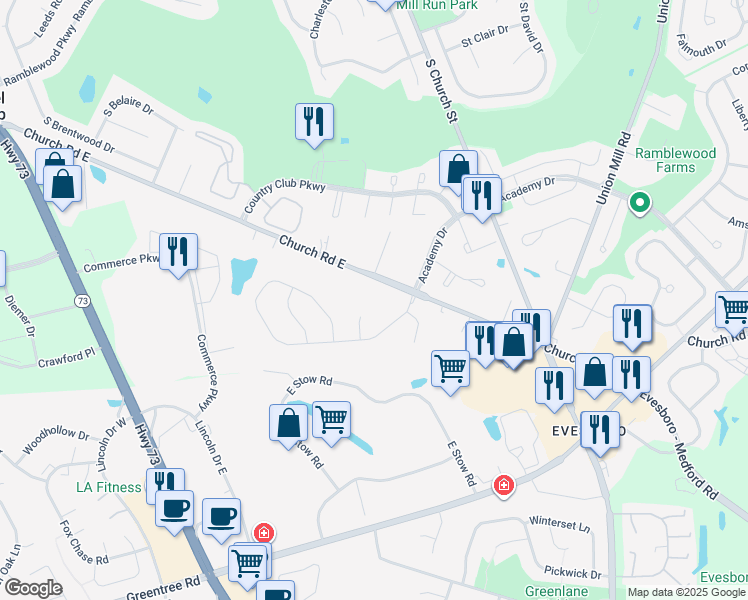 map of restaurants, bars, coffee shops, grocery stores, and more near 4438 Church Road East in Mount Laurel Township