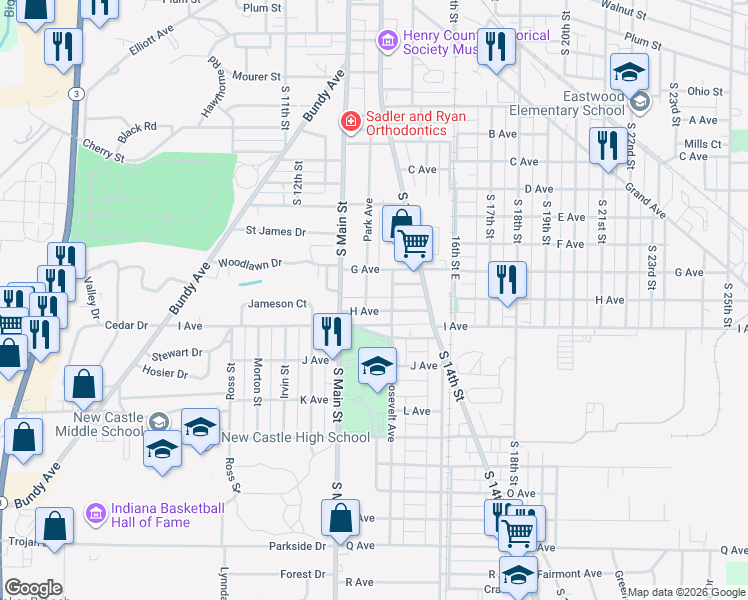 map of restaurants, bars, coffee shops, grocery stores, and more near 420-424 Park Ave in New Castle