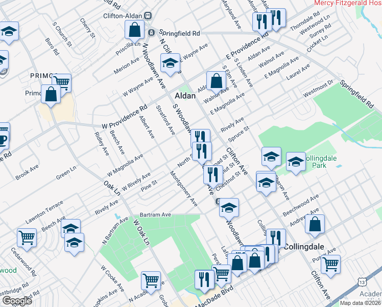 map of restaurants, bars, coffee shops, grocery stores, and more near 907 North Street in Darby