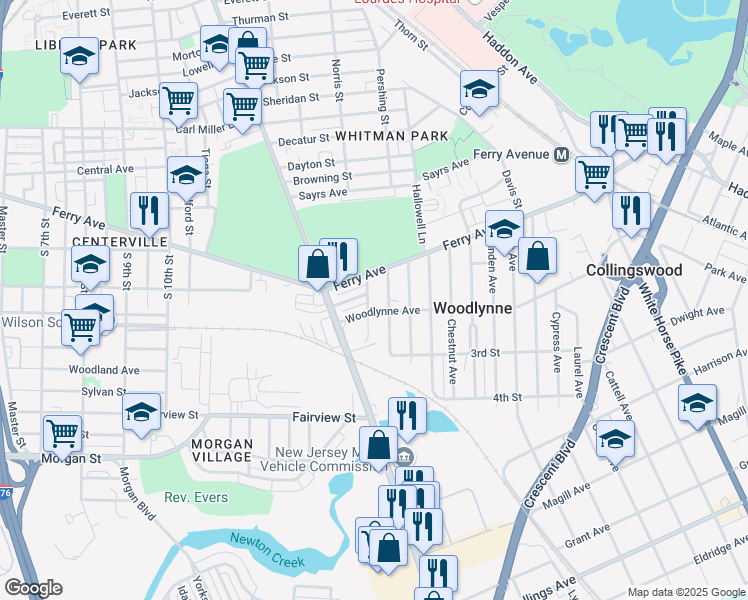 map of restaurants, bars, coffee shops, grocery stores, and more near 140 Maple Avenue in Oaklyn