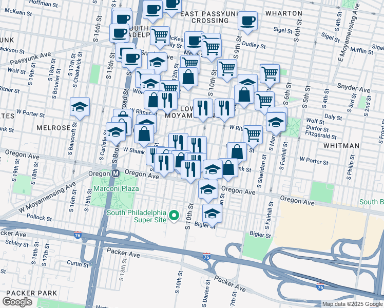 map of restaurants, bars, coffee shops, grocery stores, and more near 2538 South Alder Street in Philadelphia