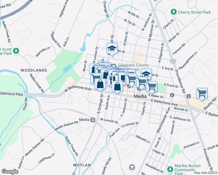 map of restaurants, bars, coffee shops, grocery stores, and more near 215 West Baker Street in Media