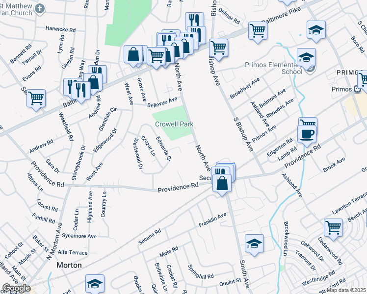 map of restaurants, bars, coffee shops, grocery stores, and more near 117 Beech Terrace in Springfield