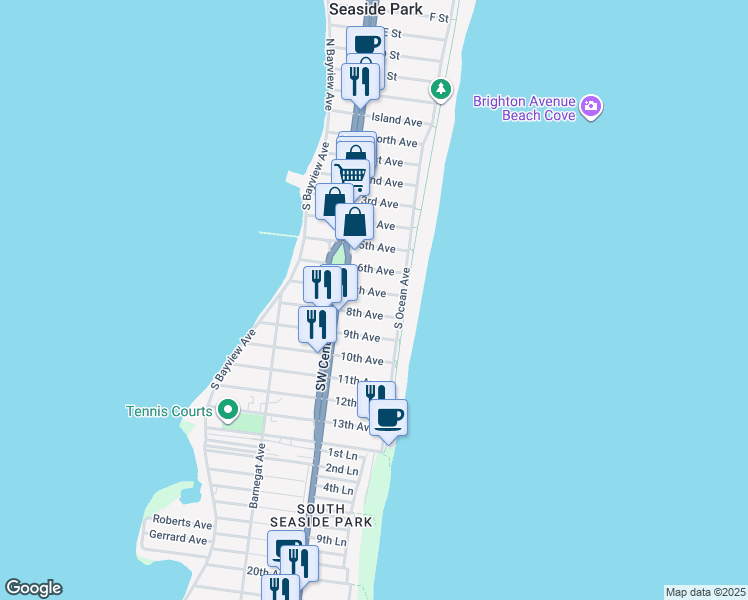 map of restaurants, bars, coffee shops, grocery stores, and more near 19 7th Avenue in Seaside Park
