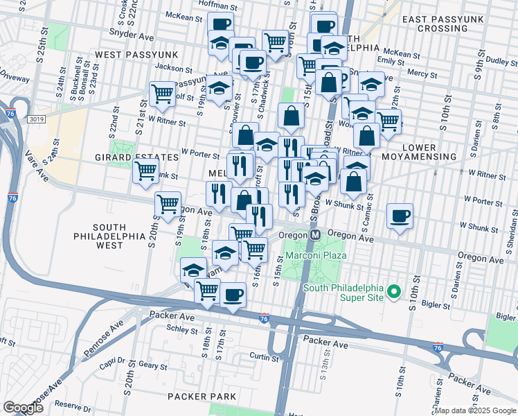 map of restaurants, bars, coffee shops, grocery stores, and more near 2634 South 16th Street in Philadelphia