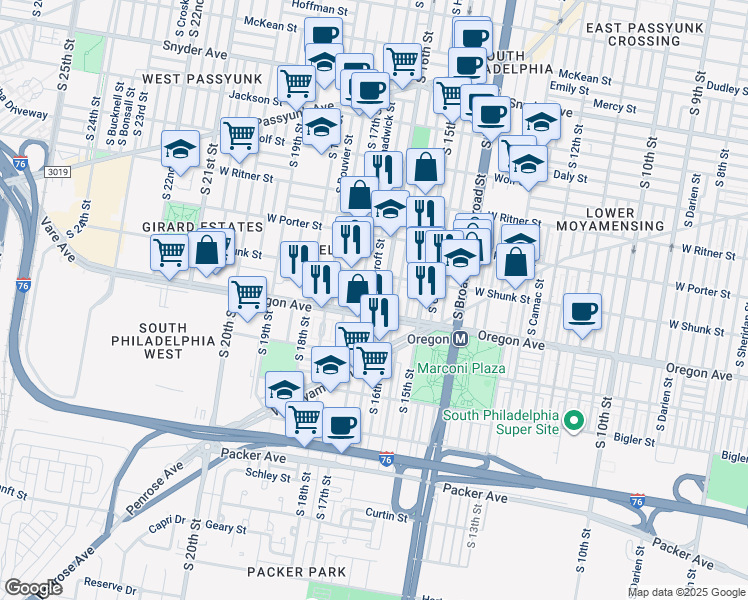 map of restaurants, bars, coffee shops, grocery stores, and more near 2639 South Bancroft Street in Philadelphia