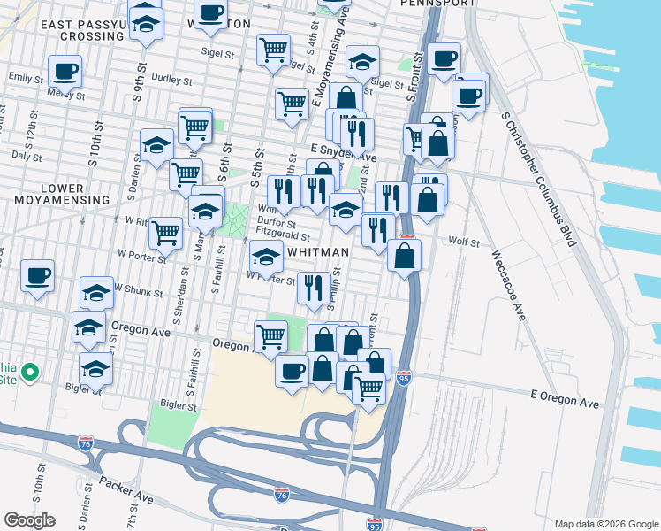 map of restaurants, bars, coffee shops, grocery stores, and more near 228 West Ritner Street in Philadelphia