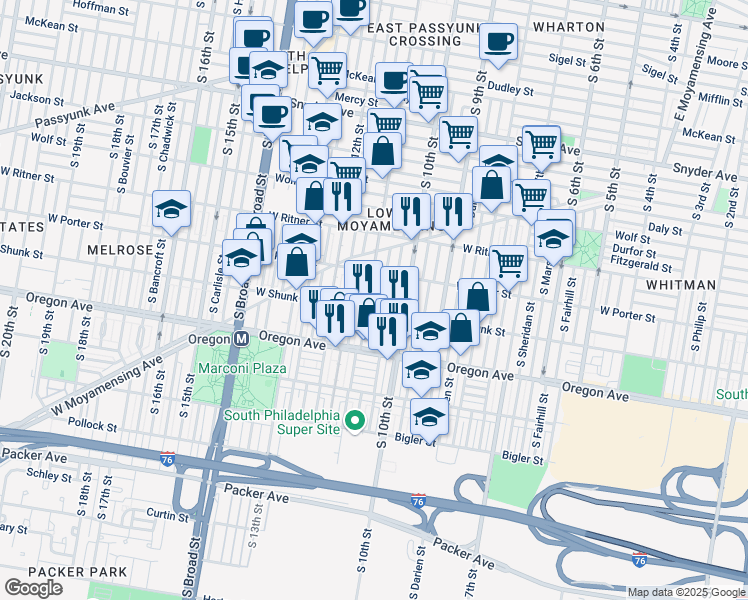map of restaurants, bars, coffee shops, grocery stores, and more near 2539 South 11th Street in Philadelphia
