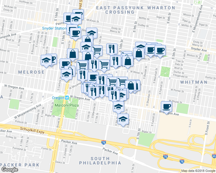 map of restaurants, bars, coffee shops, grocery stores, and more near 2539 South Warnock Street in Philadelphia