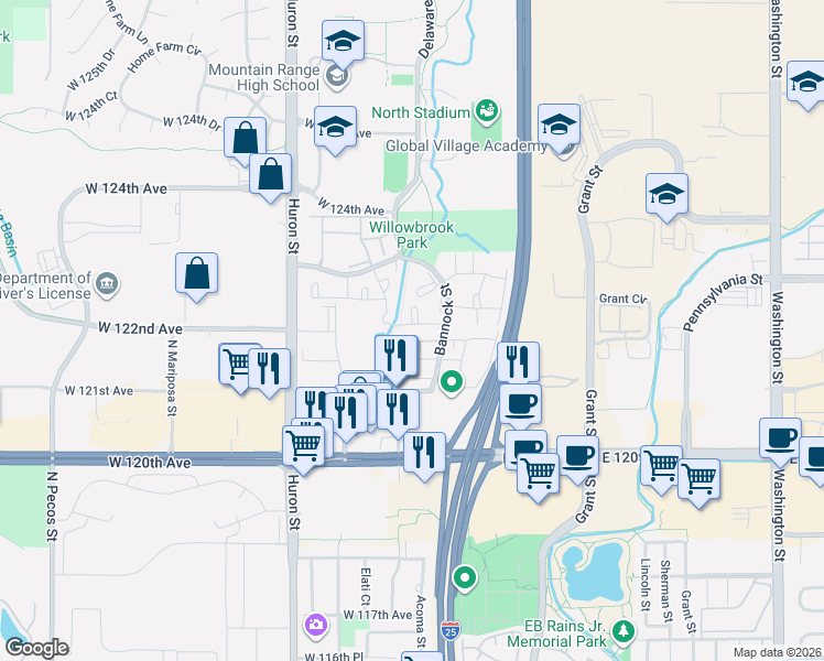 map of restaurants, bars, coffee shops, grocery stores, and more near 300 West 123rd Avenue in Westminster