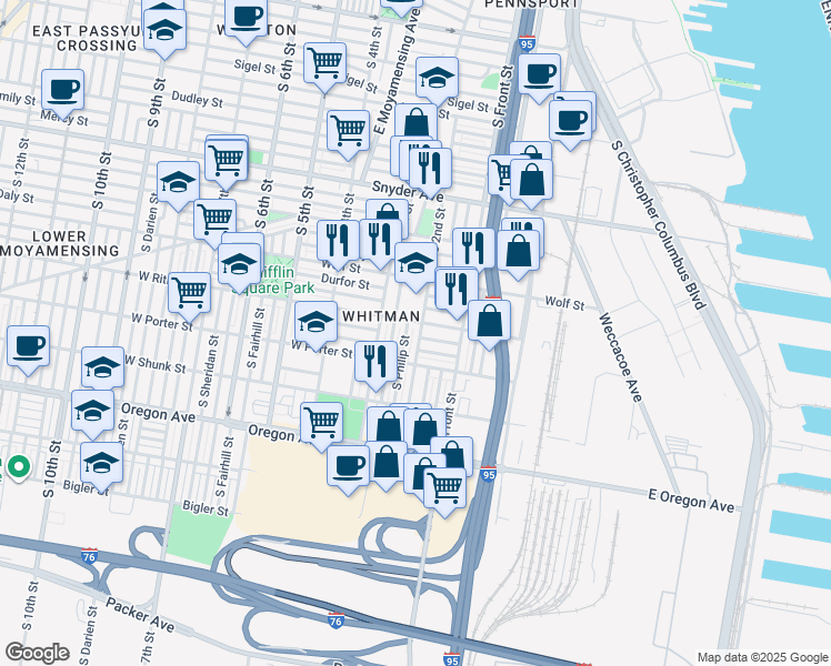 map of restaurants, bars, coffee shops, grocery stores, and more near 228 West Ritner Street in Philadelphia