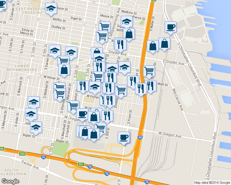 map of restaurants, bars, coffee shops, grocery stores, and more near 228 West Ritner Street in Philadelphia