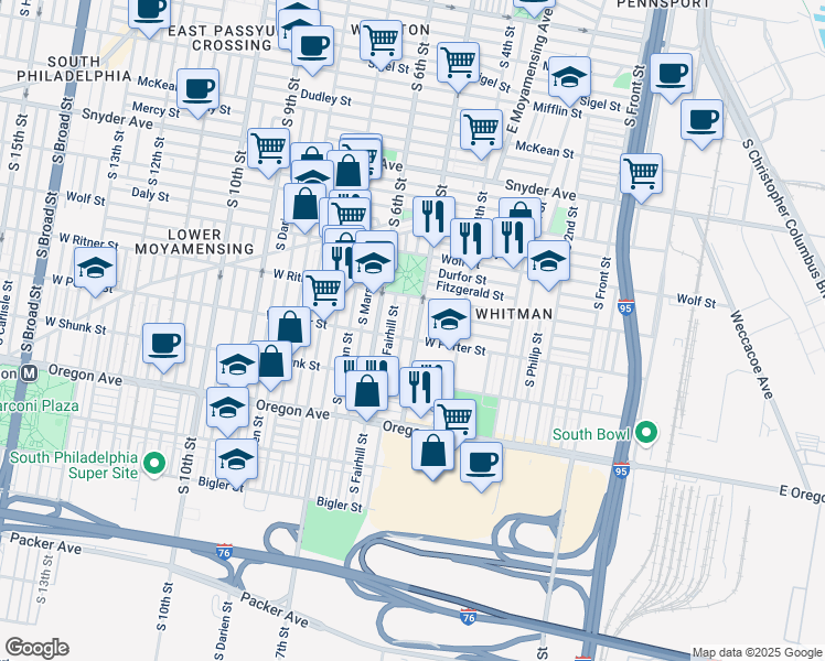 map of restaurants, bars, coffee shops, grocery stores, and more near 2433 South 5th Street in Philadelphia