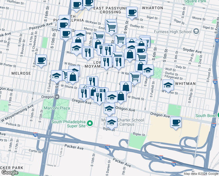map of restaurants, bars, coffee shops, grocery stores, and more near 2526 South Percy Street in Philadelphia