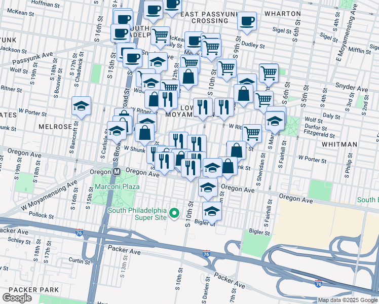 map of restaurants, bars, coffee shops, grocery stores, and more near 2539 South Warnock Street in Philadelphia