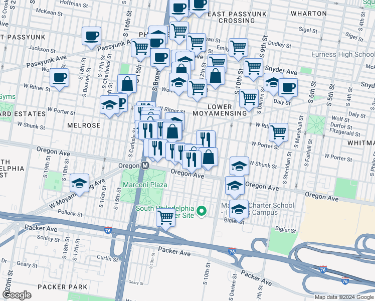 map of restaurants, bars, coffee shops, grocery stores, and more near 2526 South Camac Street in Philadelphia