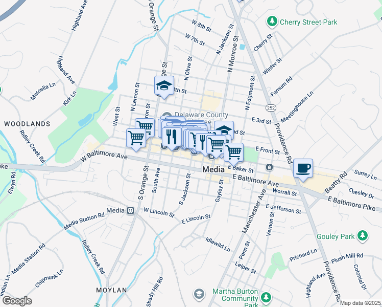 map of restaurants, bars, coffee shops, grocery stores, and more near 22 West State Street in Media