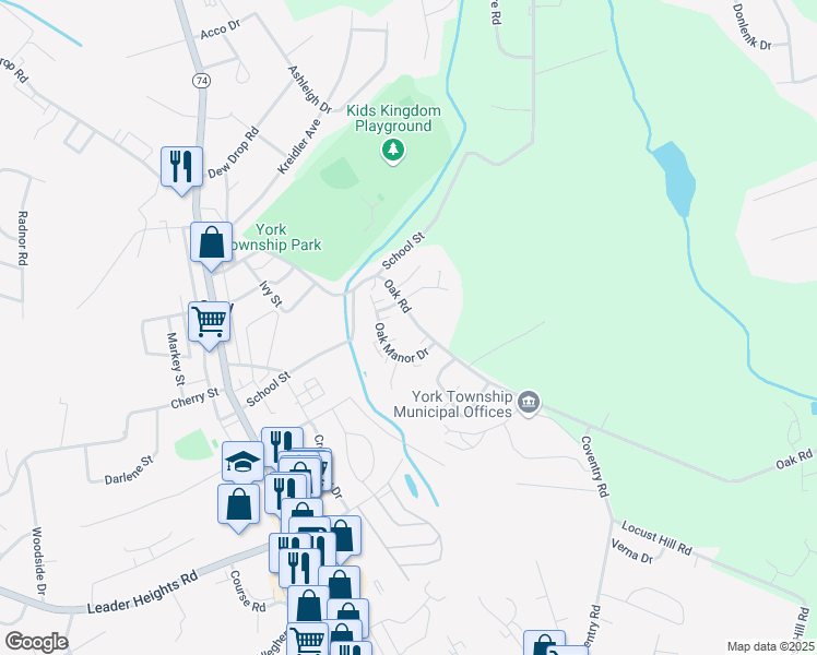 map of restaurants, bars, coffee shops, grocery stores, and more near 115 Oak Road in York